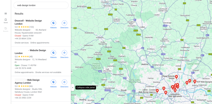 Google Maps displaying a local web design business location, highlighting nearby services for easy access.