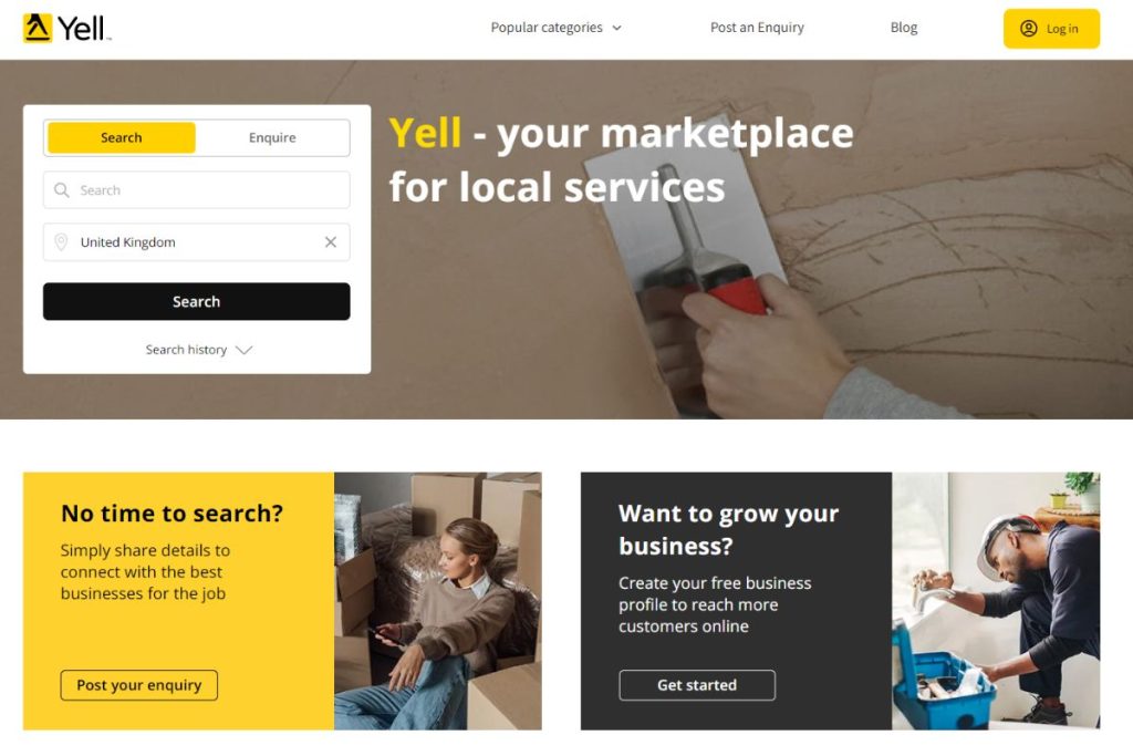 Screenshot of the Yelp website showcasing local services and user reviews for businesses in various categories.
