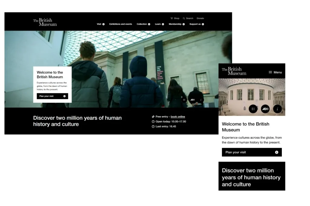 A sleek and modern design of The British Museum's website, showcasing its rich cultural heritage and user-friendly navigation.