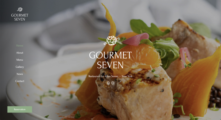 Elegant WordPress theme for gourmet restaurant featuring side navigation for easy access to menus and additional links.