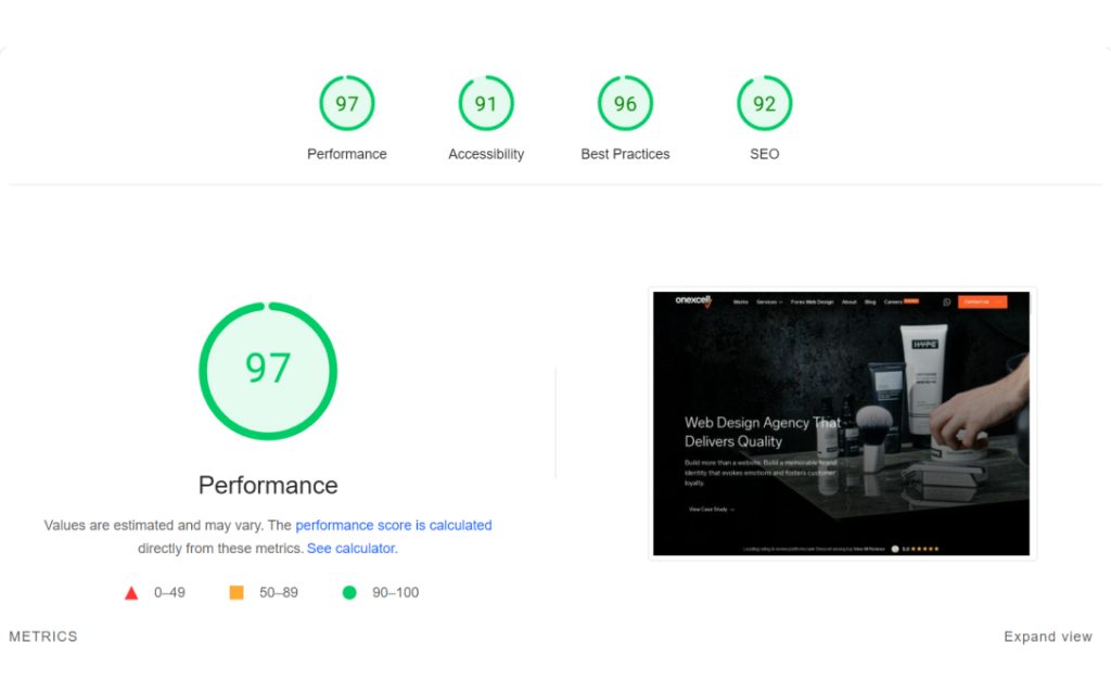 Performance page showcasing website speed metrics and optimization strategies for enhanced user experience.