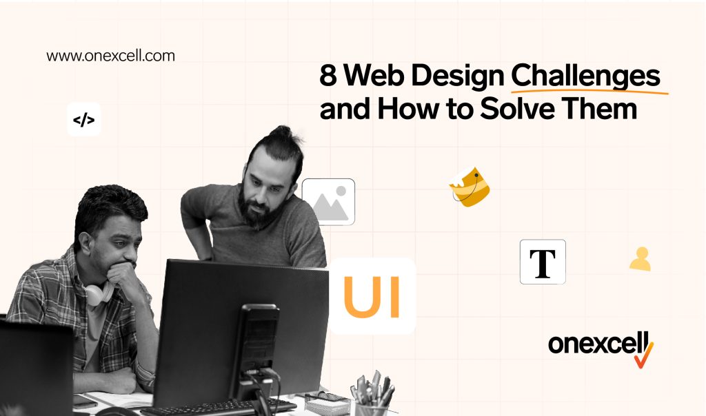 A visual representation of eight common web design challenges along with strategies for overcoming them in web development.