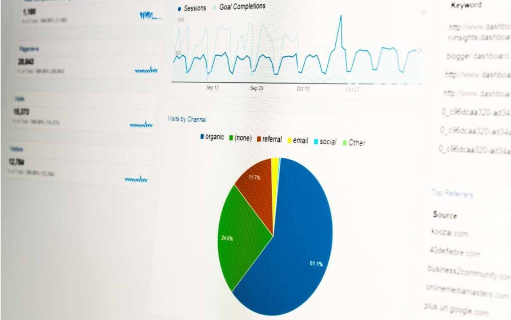 A computer screen shows a colorful pie chart, illustrating website performance metrics from Google Analytics.