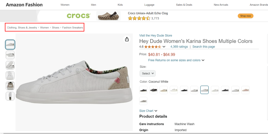 Image of the Amazon Fashion site featuring shoes, with the Women's Shoes category clearly marked in the navigation menu.