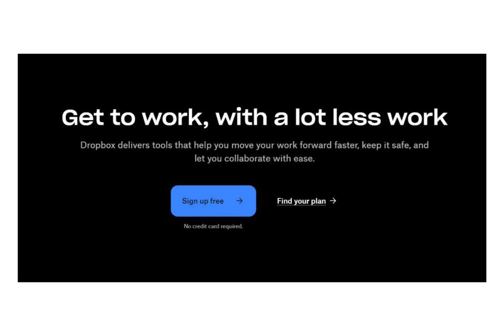 Image shows the "Get to Work with a Lot Less Work" page, highlighting the "Find Your Plan" call-to-action