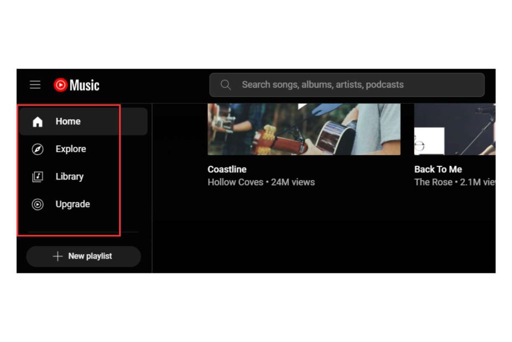 Black screen featuring the YouTube app, with the music button emphasized; menu sections simplify user navigation.